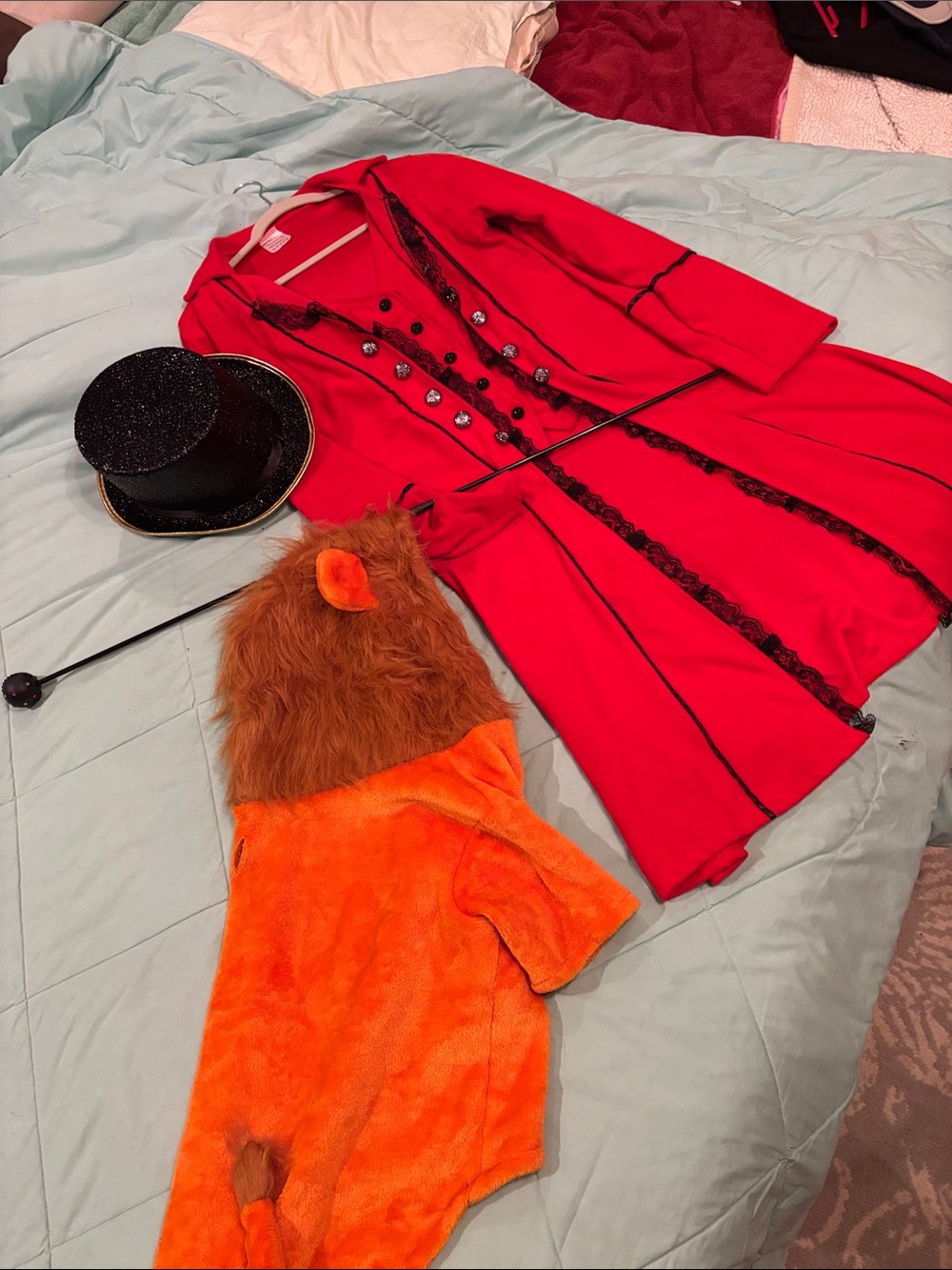 Amazon Red Coat Costume with Black Trim and Sparkle Top Hat and Dog lion costume